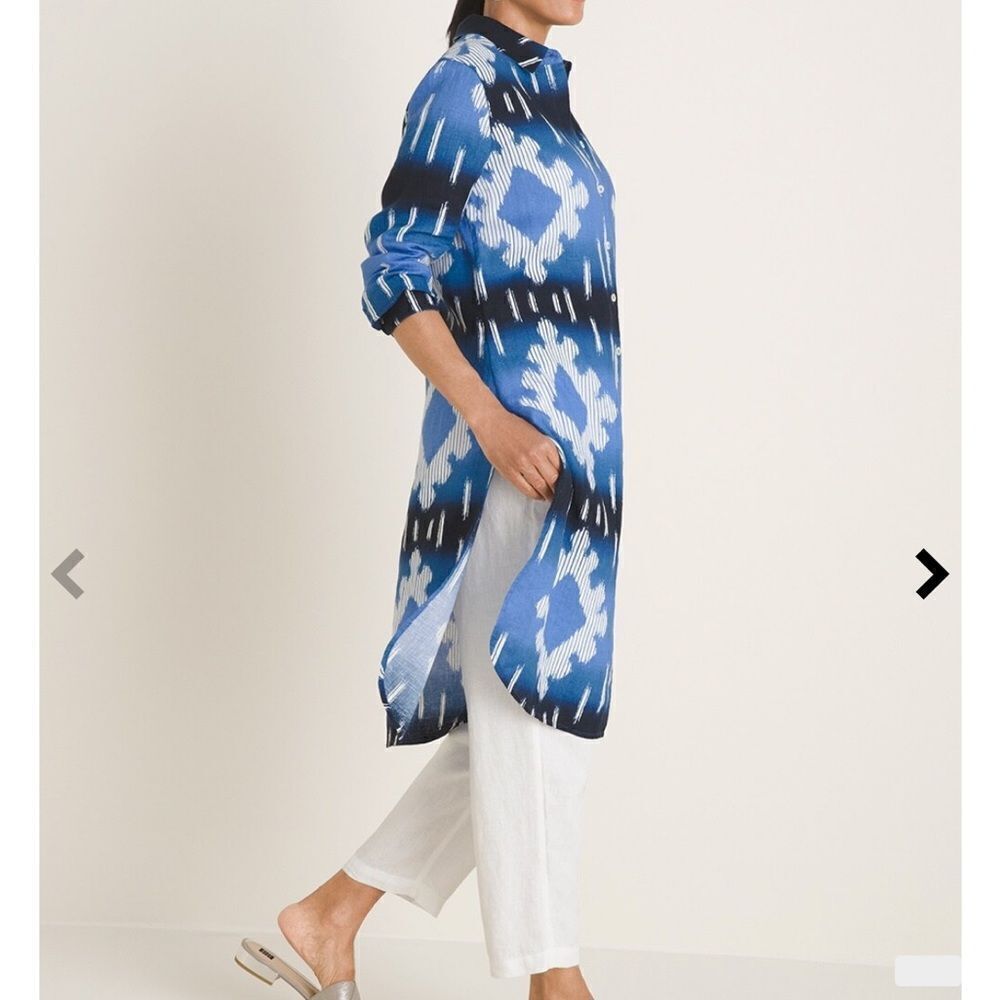 Chico’s Chicos Blue/White Linen Super Ikat Tunic,… - image 3